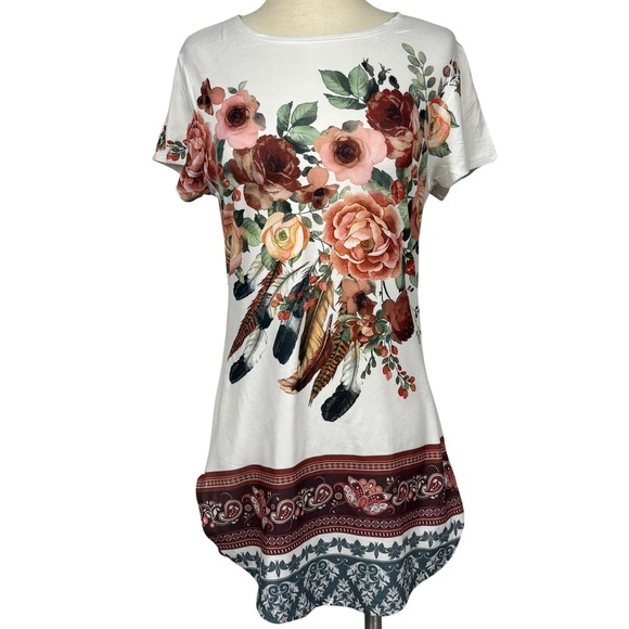 Dice Tops - Dice Floral Tunic Top Women Medium Boho Roses Feather Print Short Sleeve